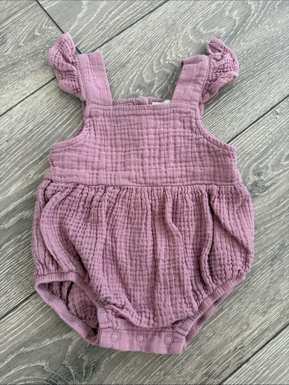 Mauve Gauze Baby Romper with Ruffle Straps